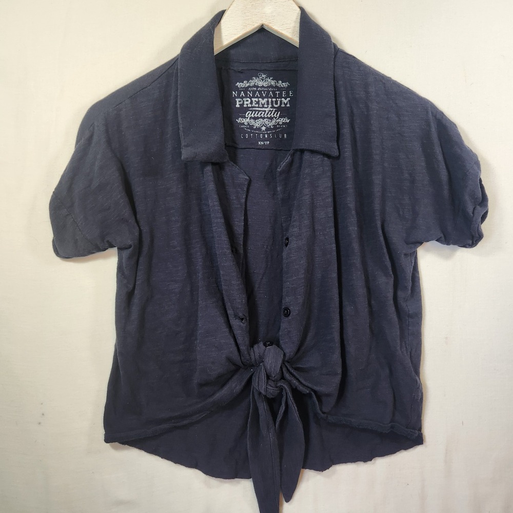 Nanavatee Premium Quality Navy Blue Cotton Slub Front Tie Short Sleeve‎ Top XS